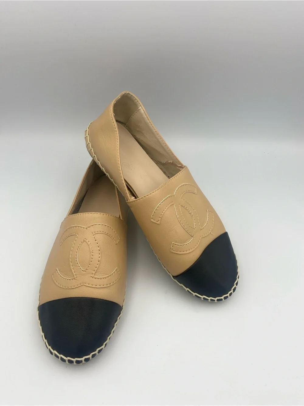 CHANEL Beige Leather Espadrilles with Black Cap Toe